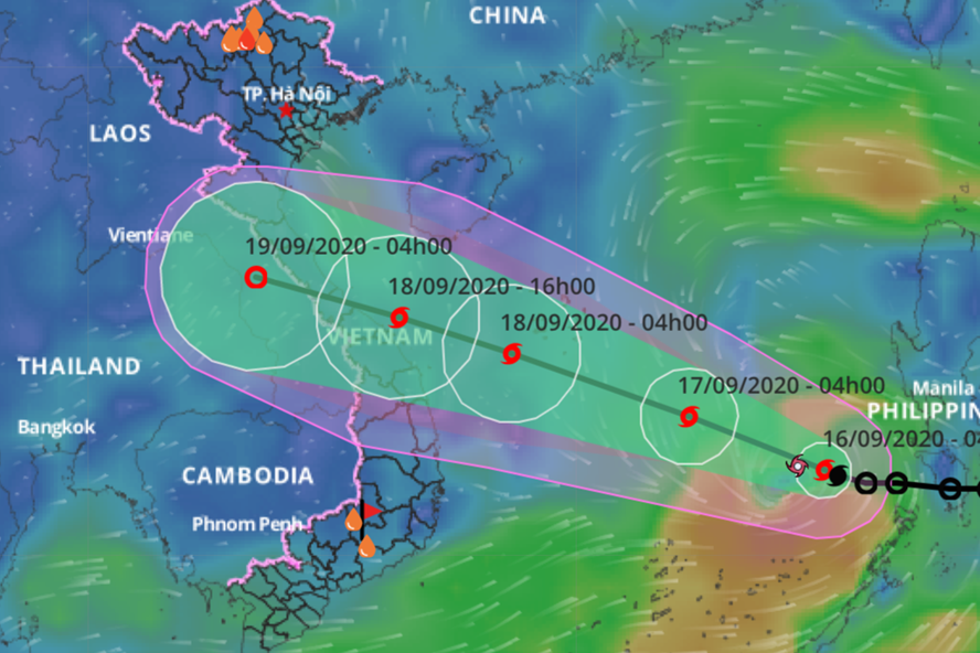 Hình 1: Dự báo đường đi của bão số 5 trên Biển Đông. Nguồn: Hệ thống giám sát thiên tai Việt Nam.