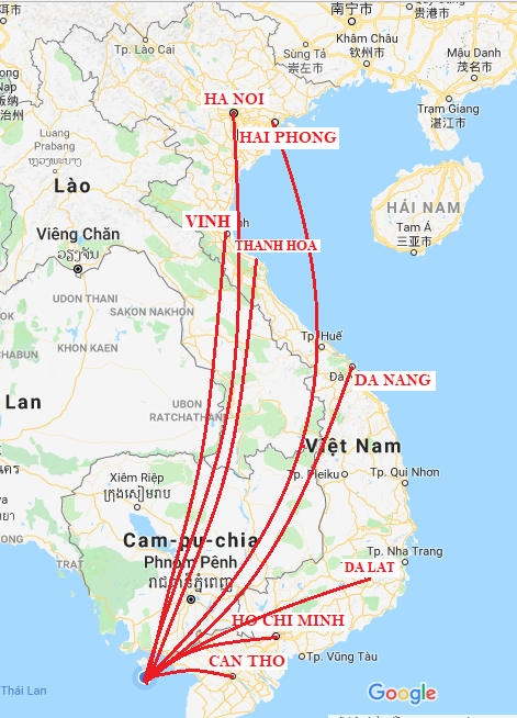 bản đồ đường bay hà nội phú quốc